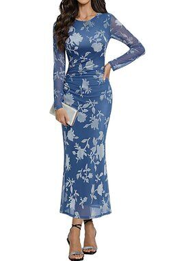 Women's Mesh Maxi Long Sleeve Floral Bodycon Blue Guest Cocktail Party Dress